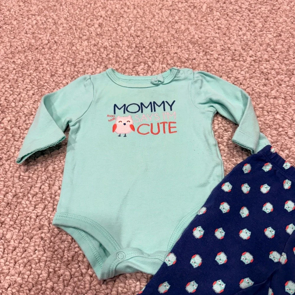 Carters Baby Girl Mint Owl Bodysuit & Leggings Set Size‎ 3 Months - Picture 2 of 4